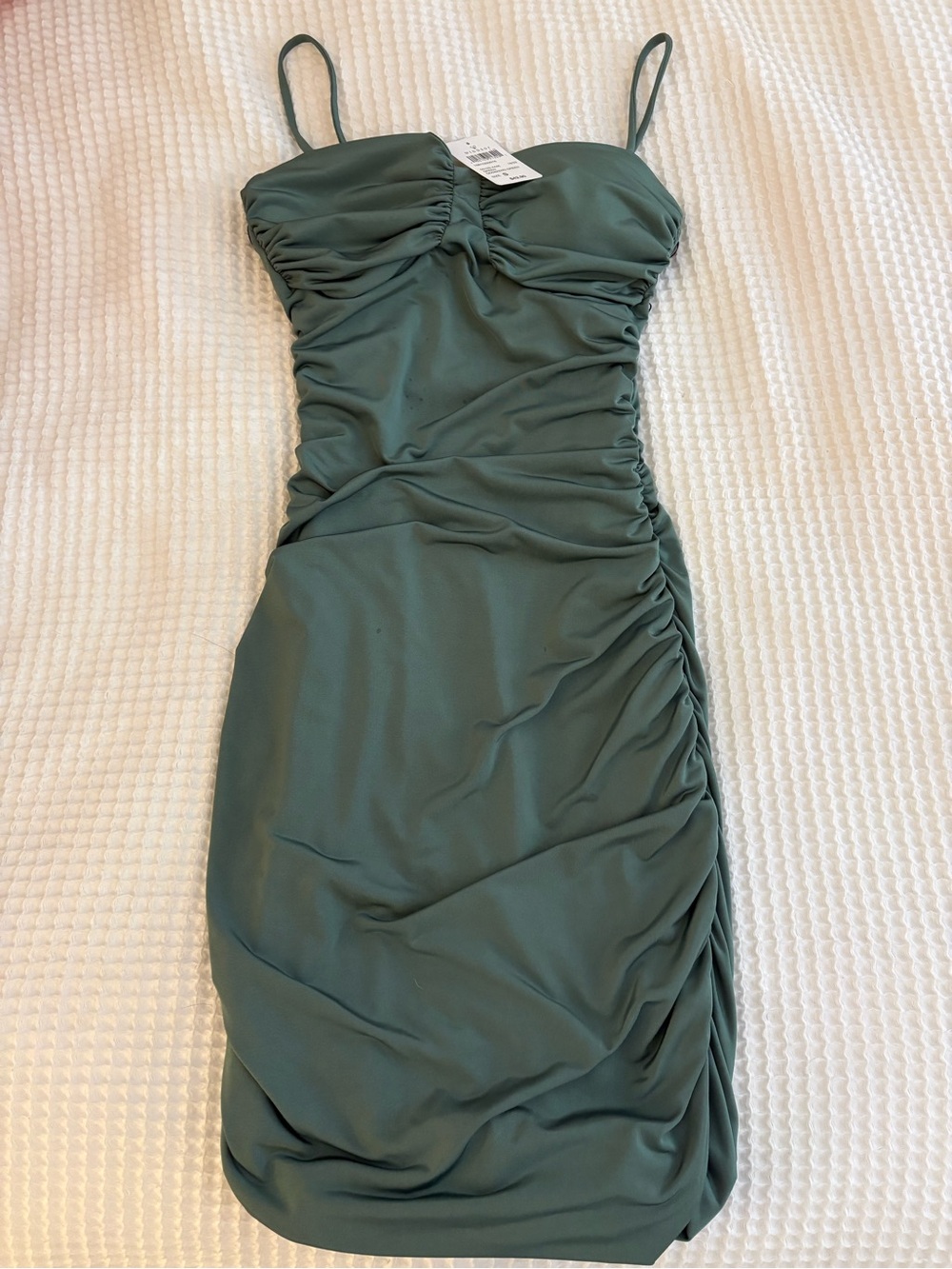 Windsor Moss Green Ruched Spaghetti-Strap Mini Dress